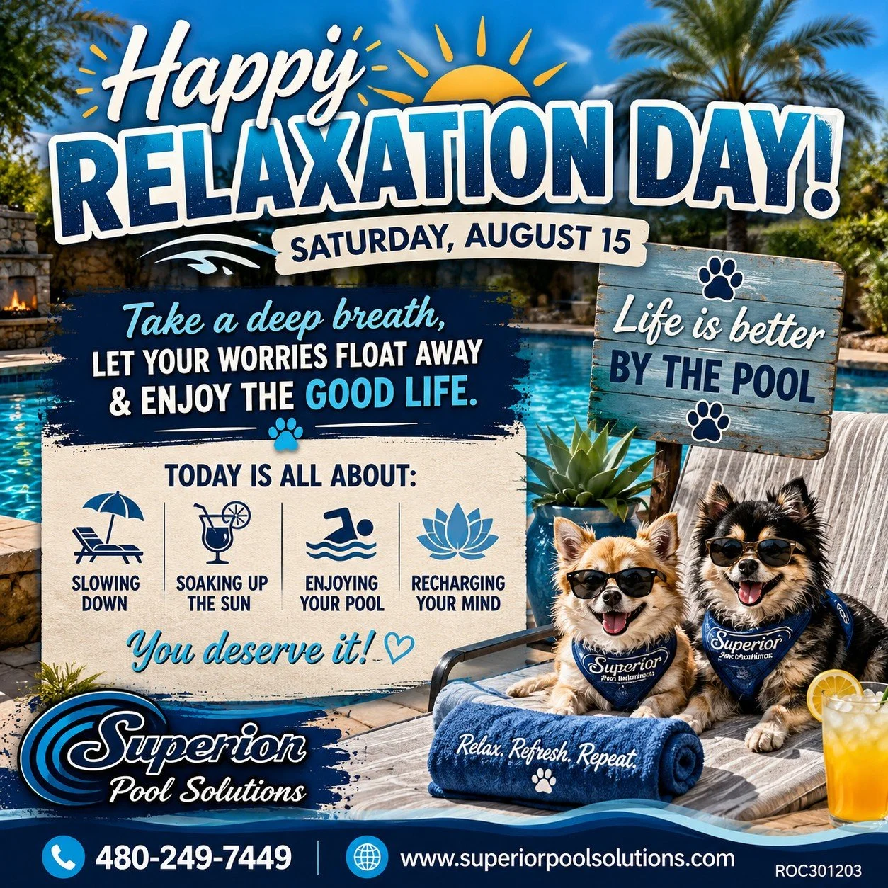 ☀️ Happy National Relaxation Day! 🌴💦

Life gets busy, but today is a great reminder to slow down and enjoy the little things.

Whether it's sipping your favorite drink by the water, floating in the pool, reading a good book, or simply soaking up a 