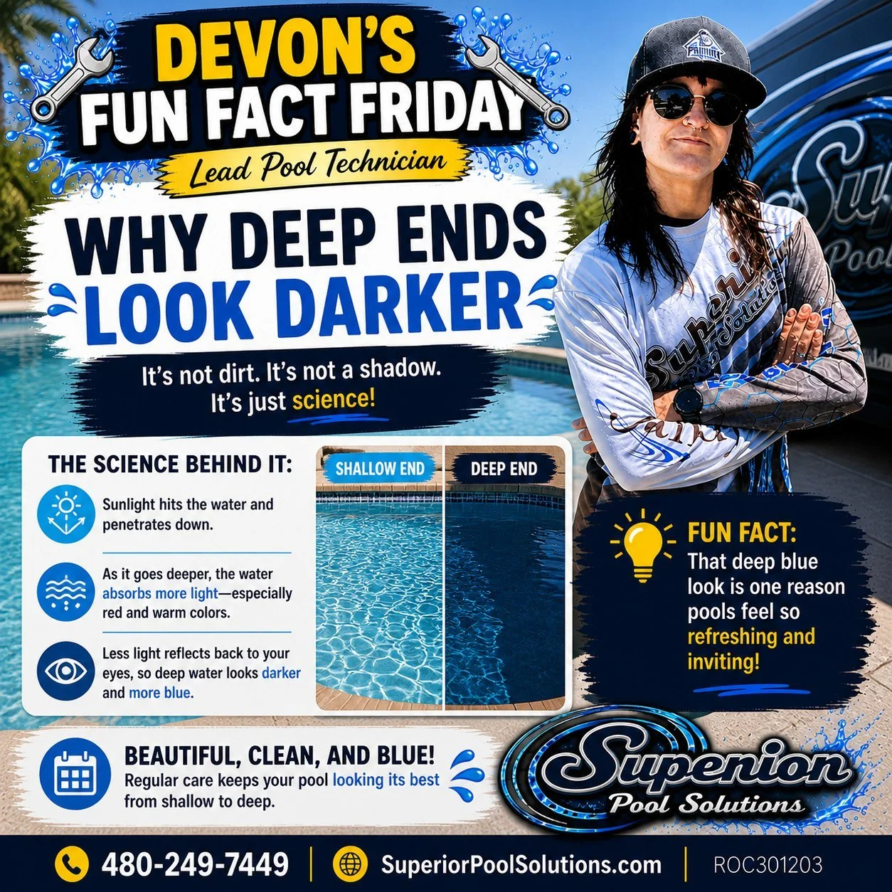 💡 DEVON'S FUN FACT FRIDAY

Have you ever looked at a swimming pool and wondered why the deep end always looks darker than the shallow end?

Many people assume it's dirt, algae, or a shadow&mdash;but in most cases, it's actually science! 🌊

As sunli