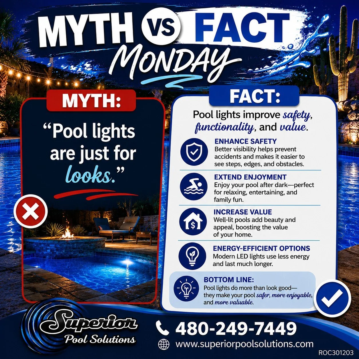 💡 MYTH vs. FACT MONDAY 💡

❌ Myth: Pool lights are just for looks.

✅ Fact: Modern pool lighting does so much more than make your backyard beautiful.

Upgrading or replacing your pool lights can:
💙 Improve visibility for safer nighttime swimming.
?
