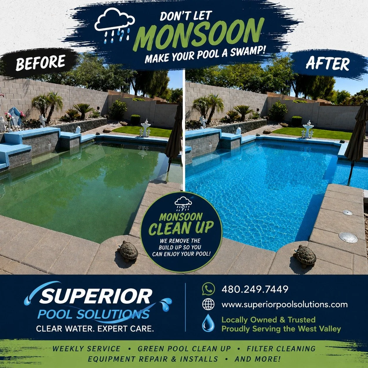 🌧️ Monsoon season can turn a beautiful pool into a green mess faster than you think.

Heavy rain, blowing dust, and debris can quickly throw your pool's chemistry out of balance, leading to cloudy or even green water.

The good news? We can get it b