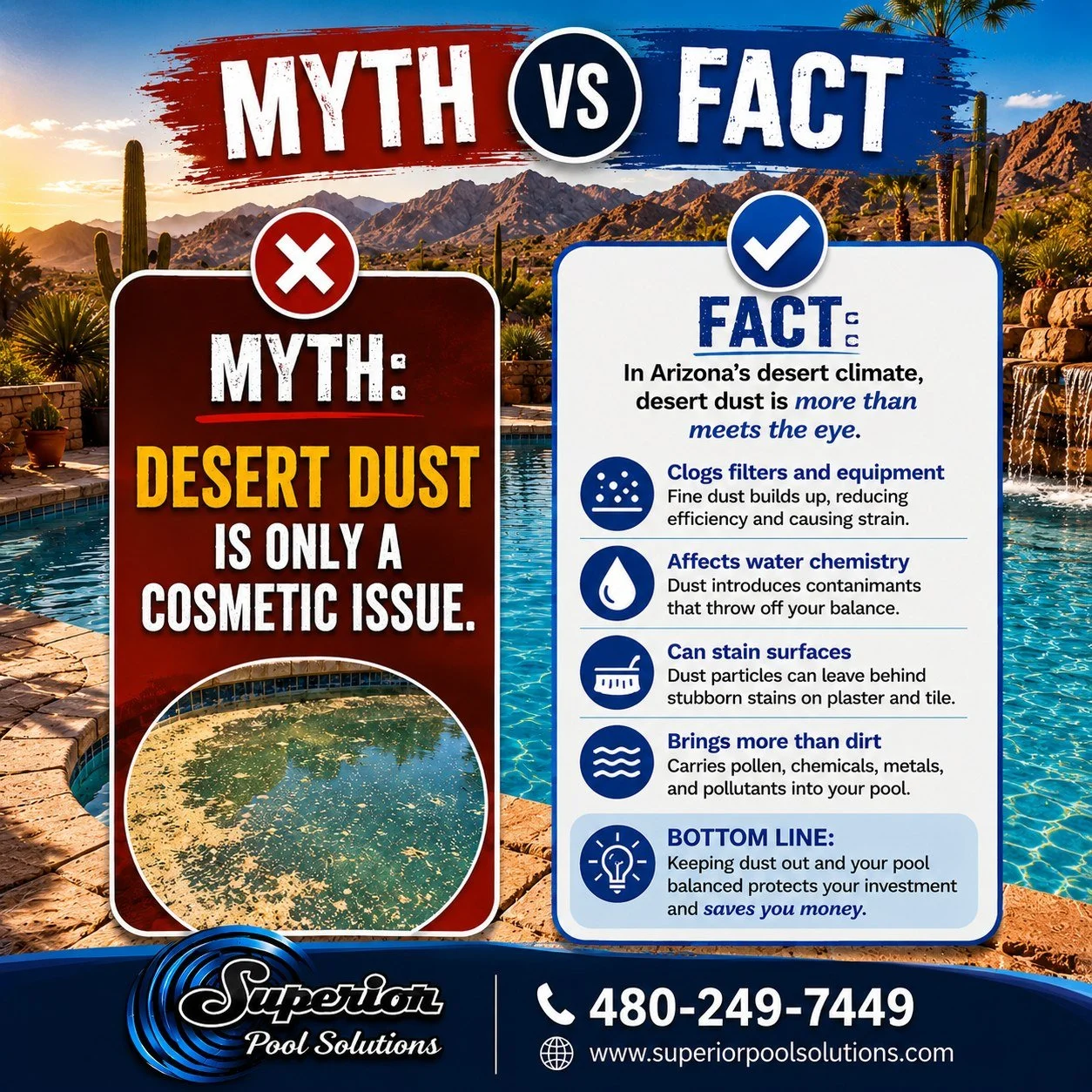 💨 MYTH vs. FACT: Is desert dust just a cosmetic issue?

❌ MYTH: Desert dust only makes your pool look dirty.

✅ FACT: Arizona's dust does much more than cloud the water. It can clog your filter, affect your pool's chemistry, stain surfaces, and put 