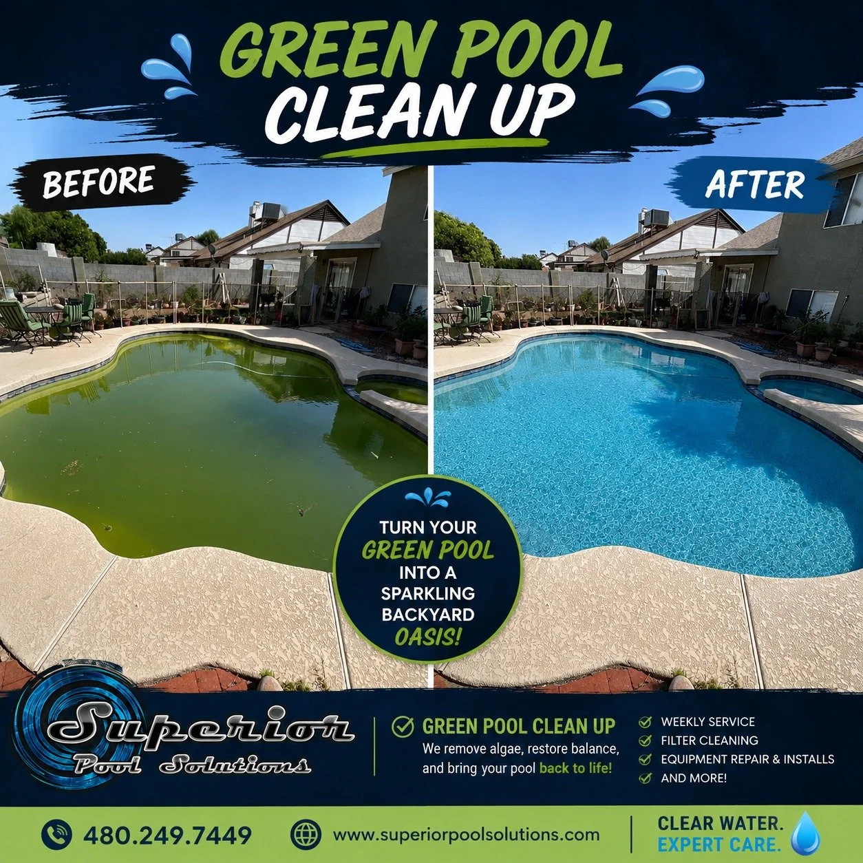 💚 From green to gleaming!

A green pool doesn't have to ruin the rest of your summer. Whether it's caused by algae, neglected chemistry, or Arizona's extreme heat, our team has the experience to bring it back to life.

This transformation is what we