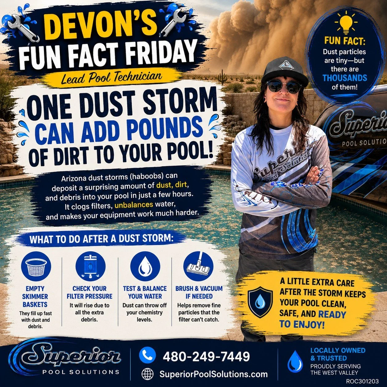 🌪️ DEVON&rsquo;S FUN FACT FRIDAY! 💦

Arizona dust storms don&rsquo;t just make a mess of your patio &mdash; they can dump pounds of dirt, dust, and debris straight into your pool! 😳

After a big storm, your pool may need a little extra attention t