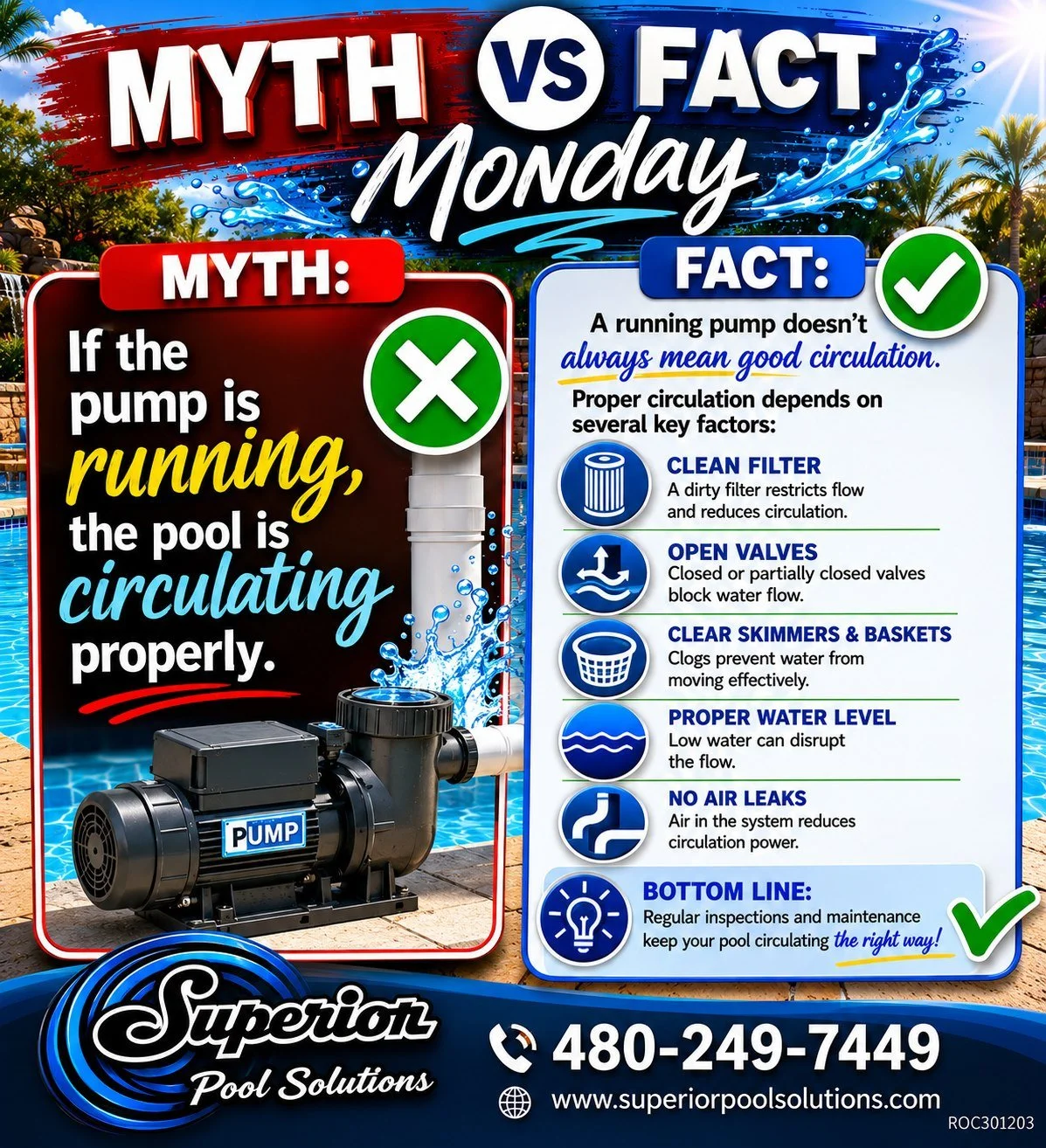 💦 MYTH VS. FACT MONDAY! 💦

❌ MYTH: If your pool pump is running, your pool must be circulating properly.

✅ FACT: A running pump doesn&rsquo;t always mean your water is moving the way it should!

Dirty filters, clogged baskets, partially closed val