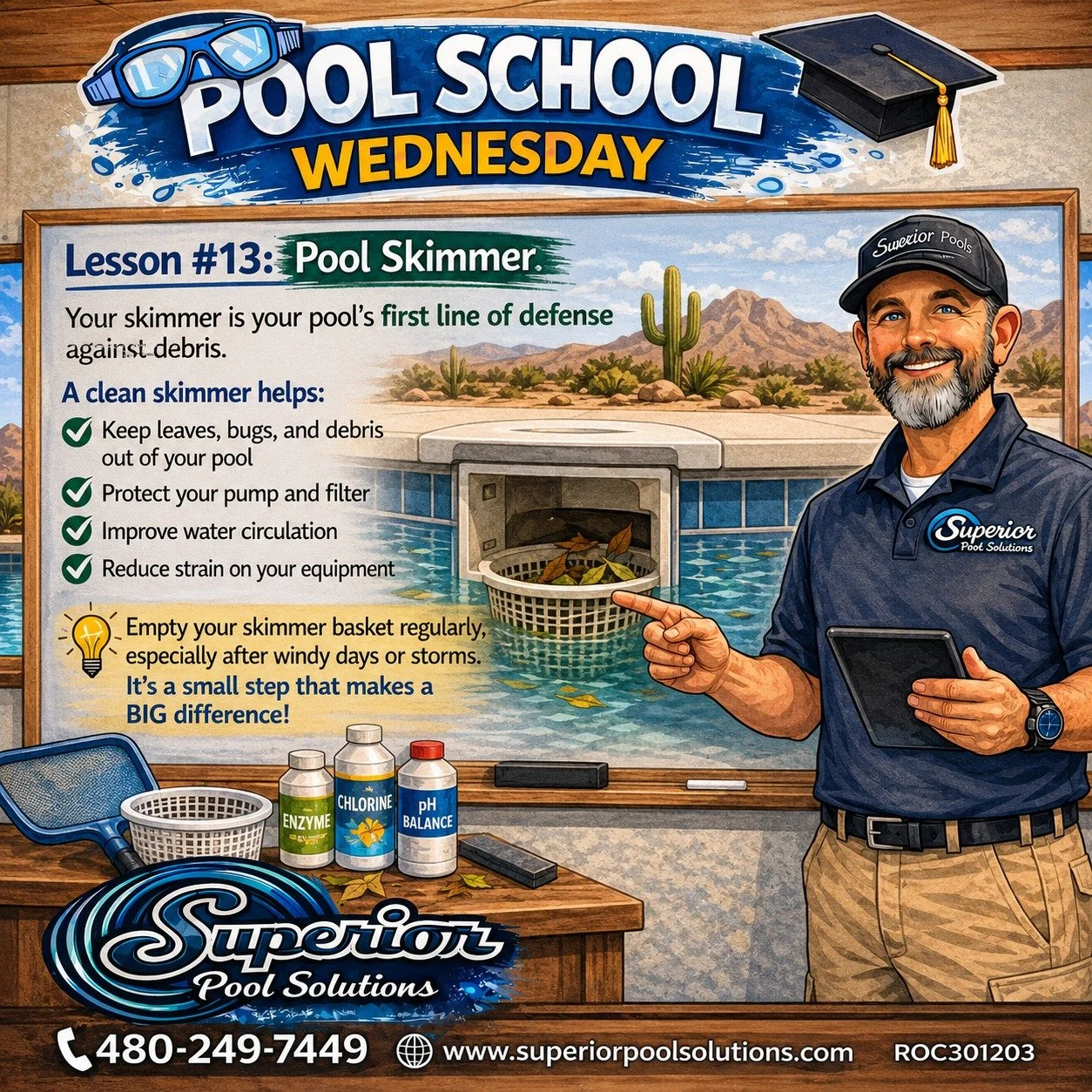 🎓💦 POOL SCHOOL WEDNESDAY &mdash; LESSON #13!

Your pool skimmer may not look like much, but it&rsquo;s your pool&rsquo;s first line of defense against debris! 🍃🐛

A full skimmer basket can restrict water flow, put extra strain on your equipment, 
