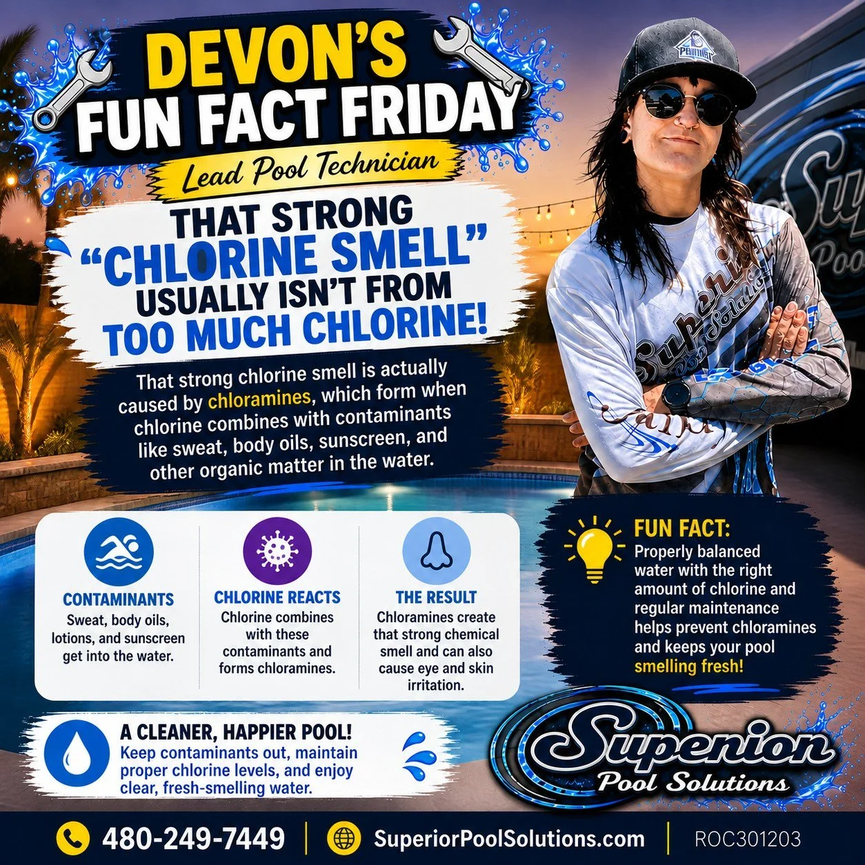 💦 FUN FACT FRIDAY! 💦

Does your pool have that strong &ldquo;chlorine&rdquo; smell? 👃 You might assume there&rsquo;s too much chlorine in the water&mdash;but that usually isn&rsquo;t the problem!

That strong odor is often caused by chloramines, w