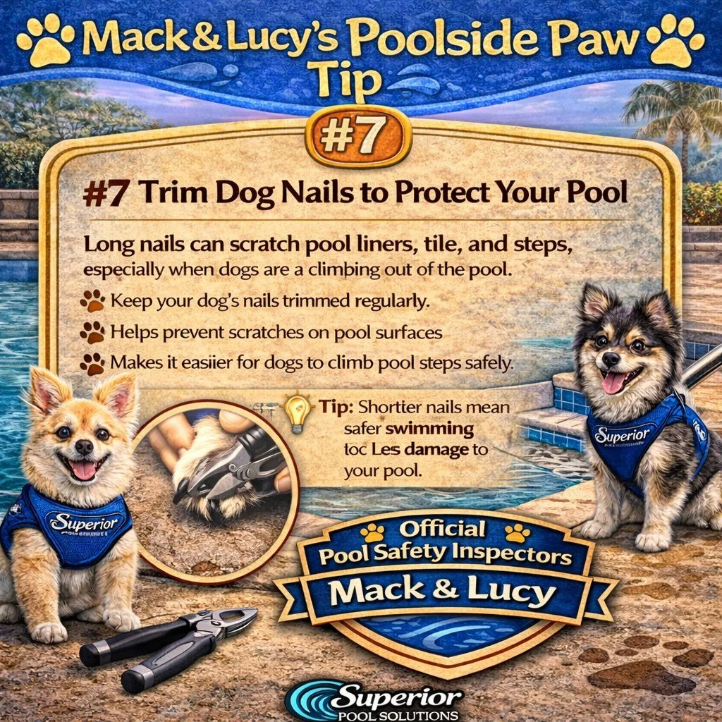 🐾 MACK &amp; LUCY&rsquo;S POOLSIDE PAW TIP! 🐾

If your pup loves the pool, don&rsquo;t forget about those nails! ✂️🐶

Long nails can scratch pool surfaces, tile, and steps, especially when dogs are paddling toward the edge or trying to climb out o