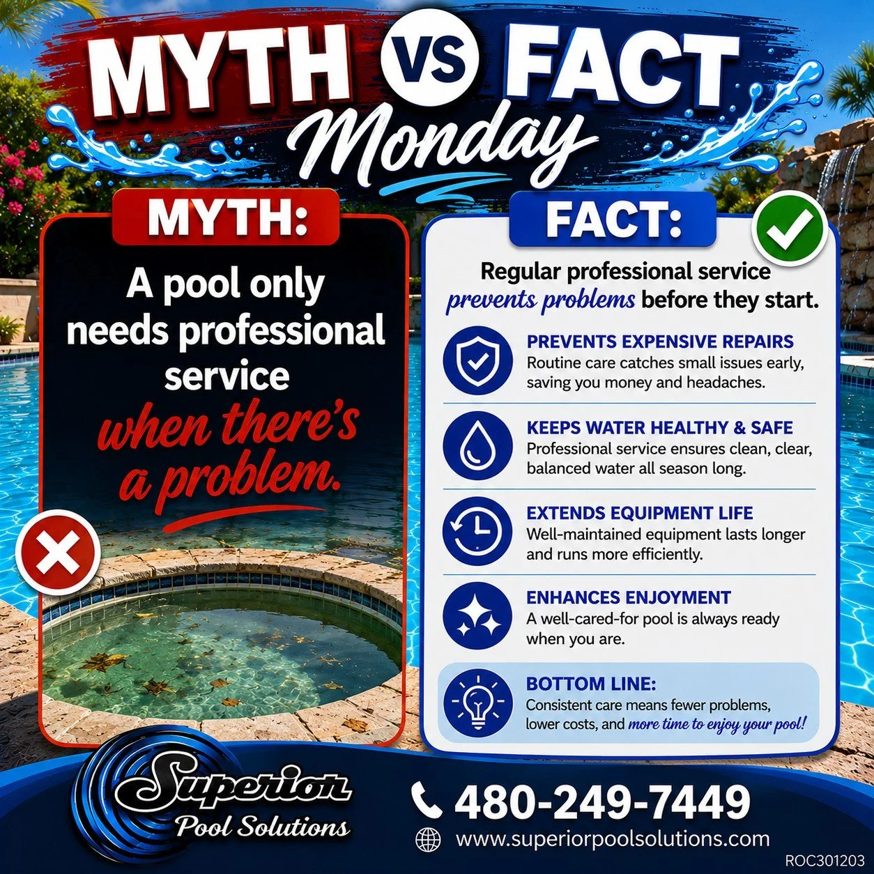 💦 MYTH VS. FACT MONDAY! 💦

❌ MYTH: You only need a pool professional when something goes wrong.

✅ FACT: Regular pool service helps prevent things from going wrong in the first place!

A pool can look perfectly fine while small problems are develop