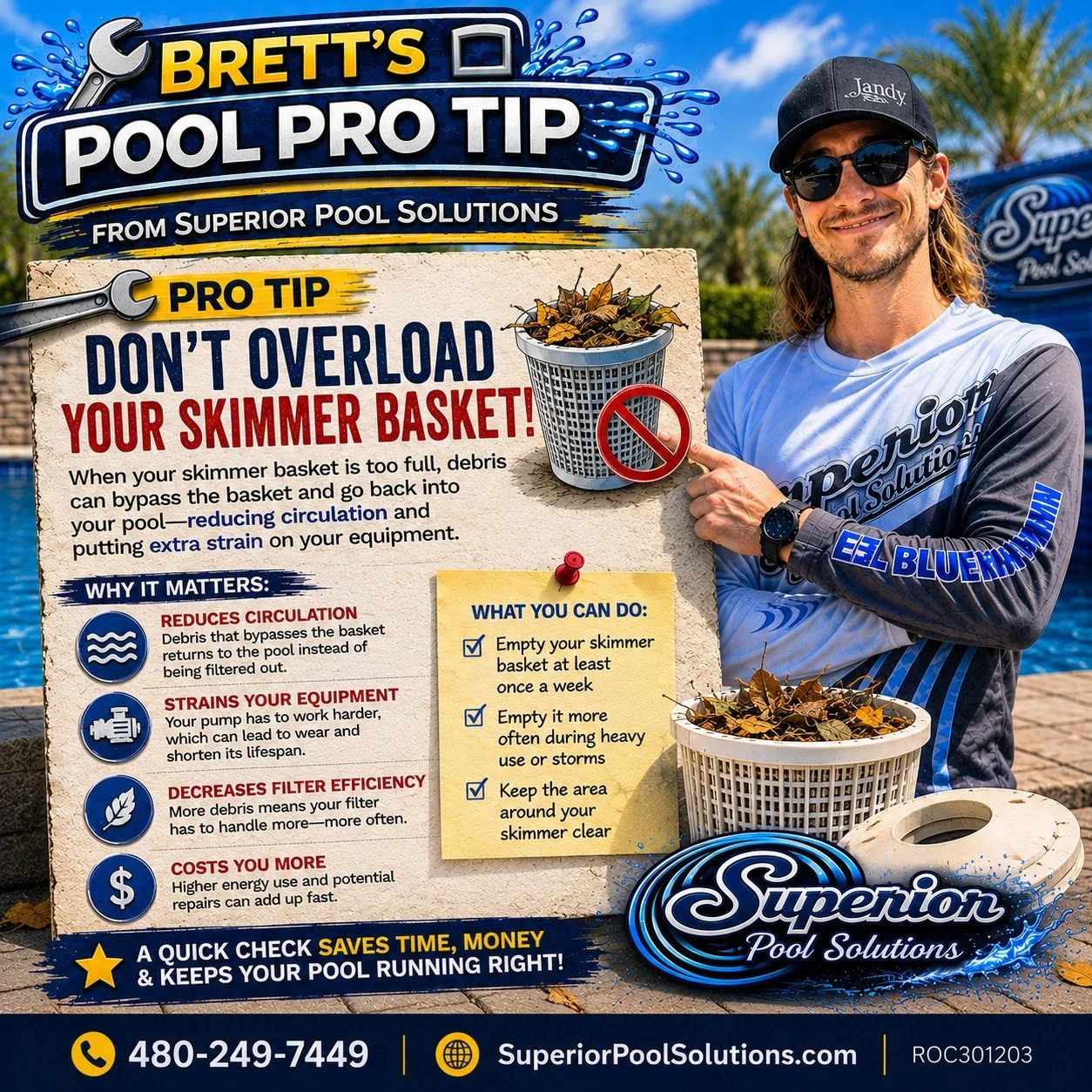 🛠️ BRETT&rsquo;S POOL PRO TIP! 💦

Your skimmer basket may be small, but it has a big job!

When it gets overloaded with leaves and debris, water flow can be restricted and your pump has to work harder. That can mean poor circulation, extra strain o