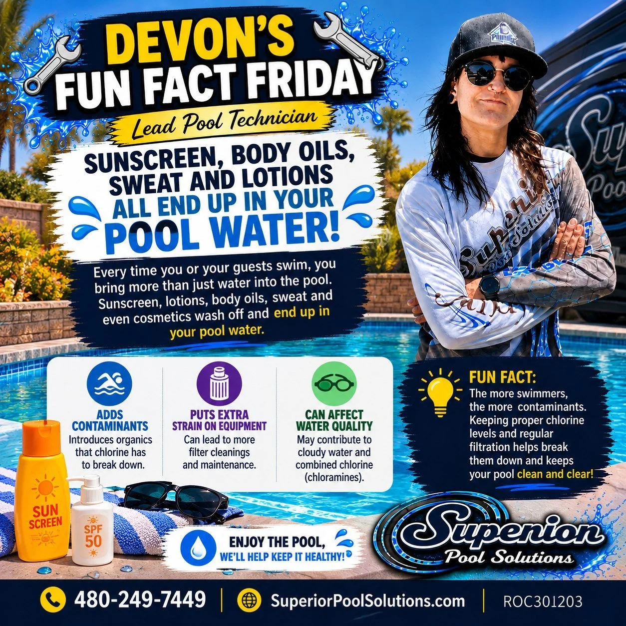 💦 FUN FACT FRIDAY! 💦

Ever wonder what happens to all that sunscreen you put on before jumping in the pool? 😎☀️

Sunscreen, lotions, body oils, sweat&mdash;and even cosmetics&mdash;wash off into your pool water every time you swim. And the more sw
