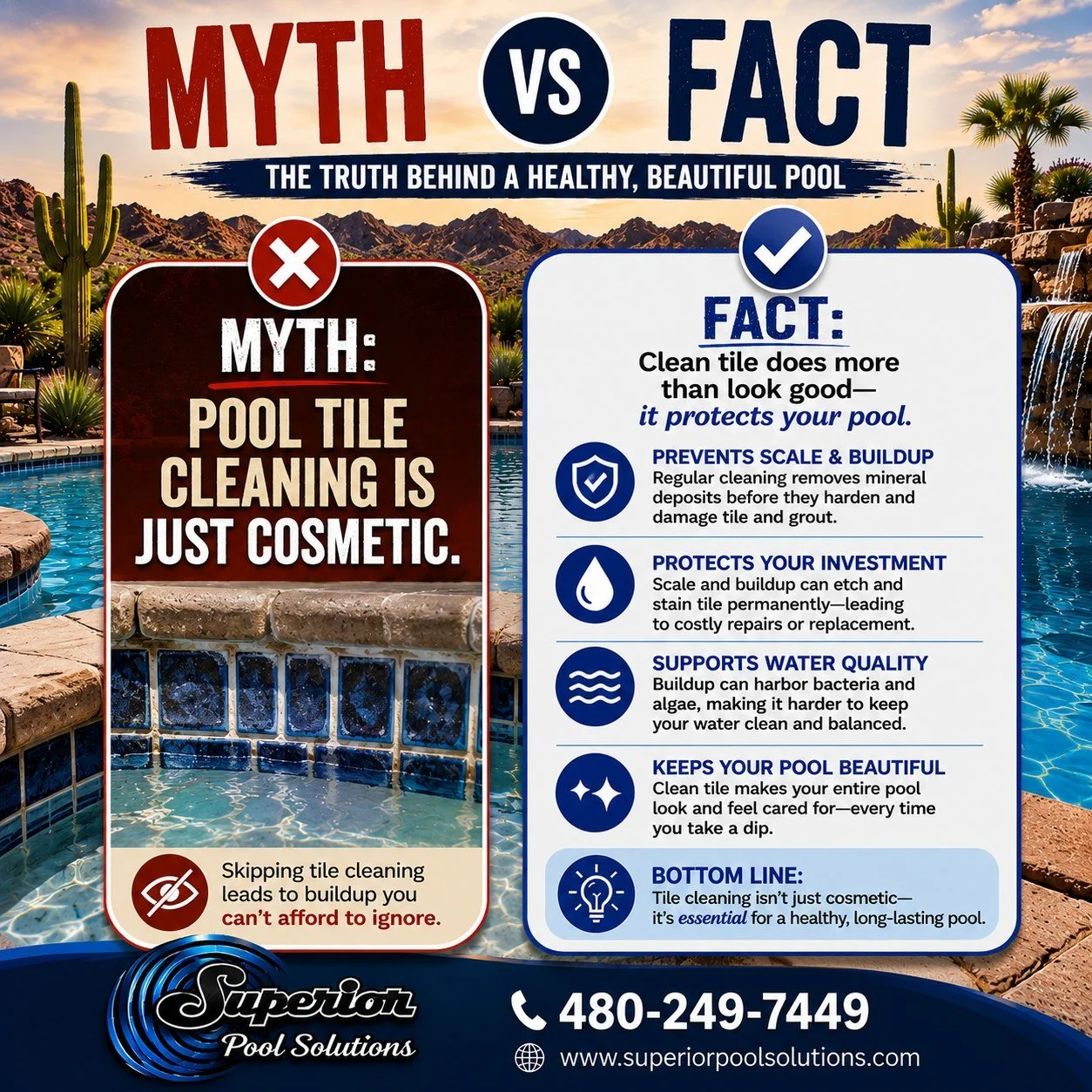 💦 MYTH VS. FACT MONDAY! 💦

❌ MYTH: Pool tile cleaning is just about making your pool look better.

✅ FACT: That white, crusty buildup along your waterline isn&rsquo;t just ugly &mdash; over time, mineral deposits can become harder to remove and can