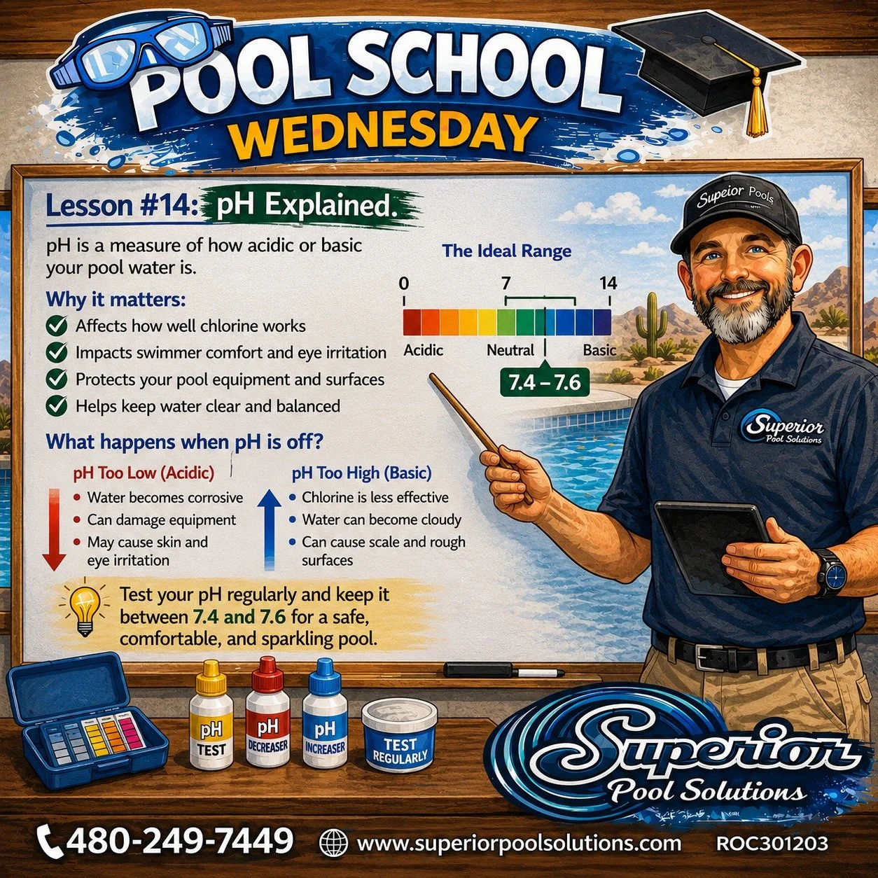🎓💦 POOL SCHOOL WEDNESDAY &mdash; LESSON #14: pH EXPLAINED!

pH is one of the most important numbers when it comes to keeping your pool healthy &mdash; and when it's out of balance, you'll usually know it! 👀

Too high or too low can affect chlorine