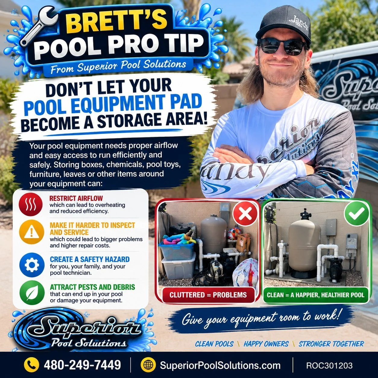 🛠️ BRETT&rsquo;S POOL PRO TIP! 💦

Your pool equipment pad is not extra storage space! 📦🚫

Boxes, pool toys, chemicals, patio furniture, leaves and other clutter around your equipment can restrict airflow, make equipment harder to inspect and serv