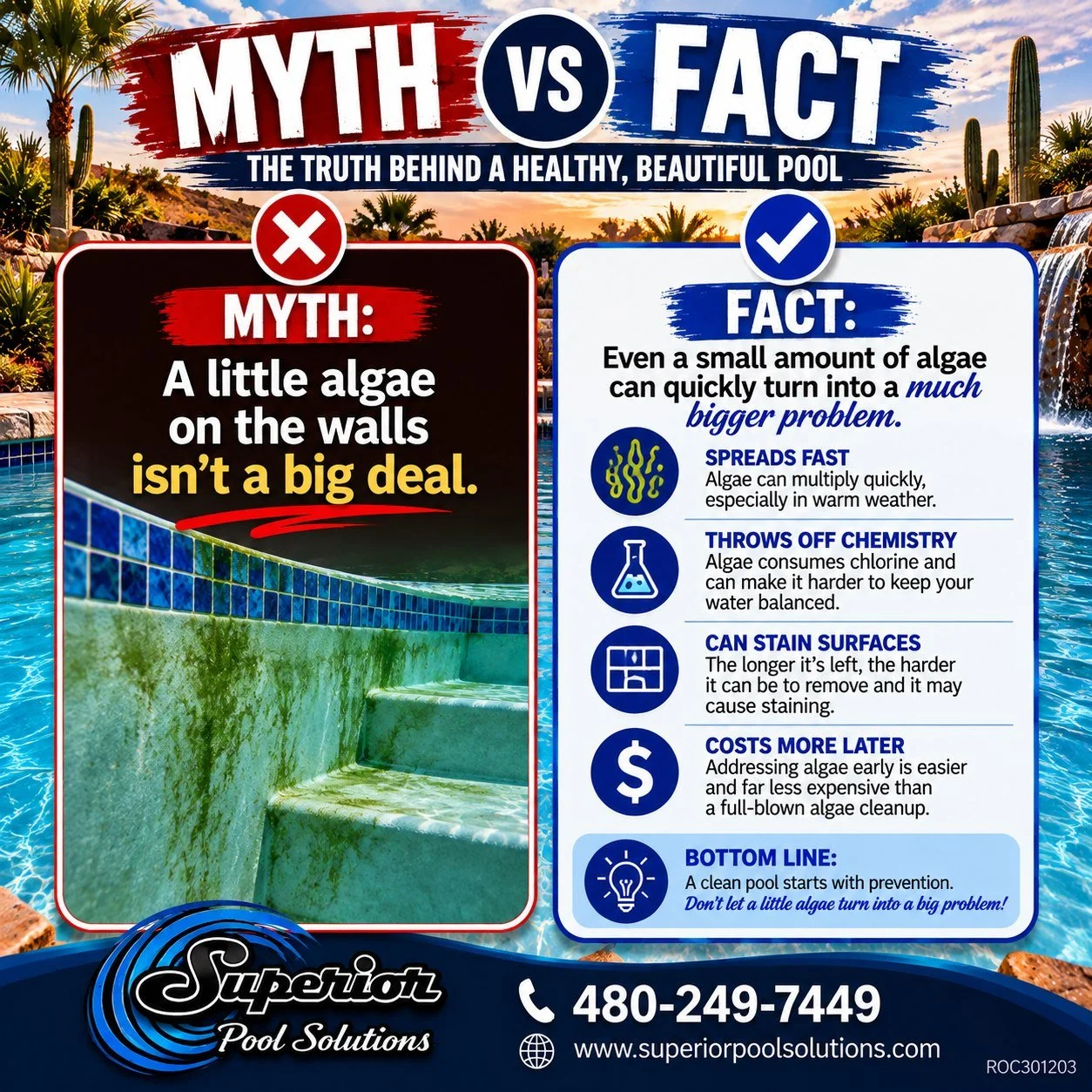 ❌ MYTH: A little algae on the walls isn&rsquo;t a big deal.

✅ FACT: A little algae can become a lot of algae&mdash;fast! 🌿💦

In Arizona&rsquo;s warm weather, algae can multiply quickly. Once it starts taking hold, it can consume chlorine, make you