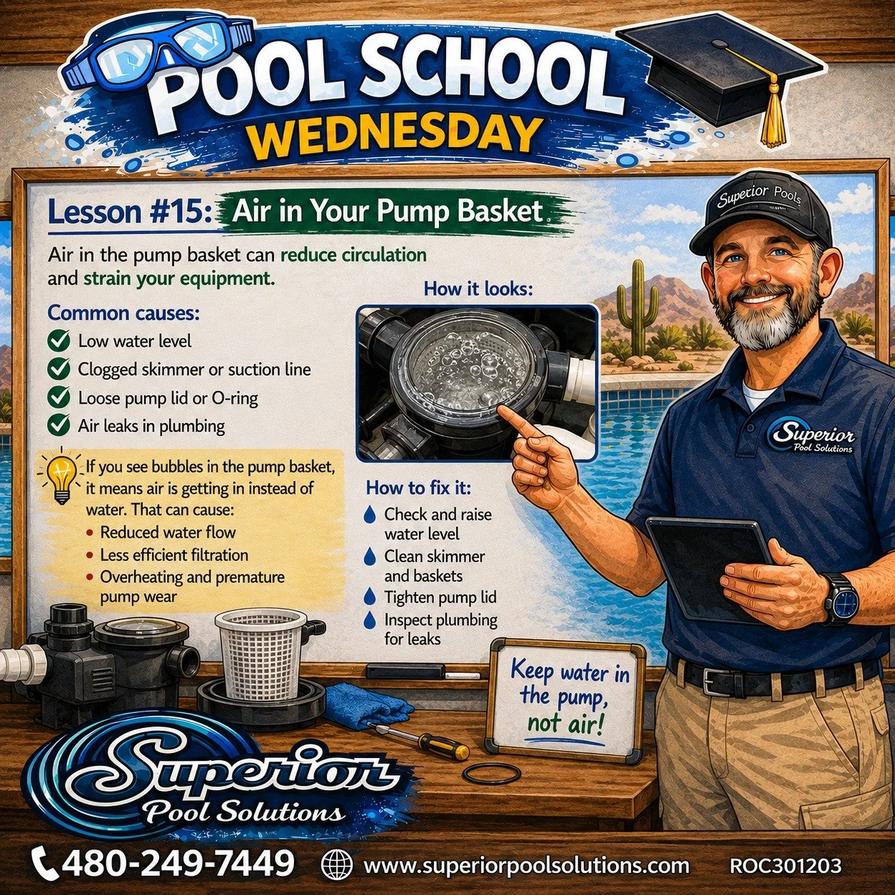 🎓💦 POOL SCHOOL WEDNESDAY &mdash; LESSON #15: AIR IN YOUR PUMP BASKET

See bubbles under your pump lid? 🫧 Don&rsquo;t ignore them!

Your pool pump is designed to move water &mdash; not air. If air is getting into the system, it can reduce circulati