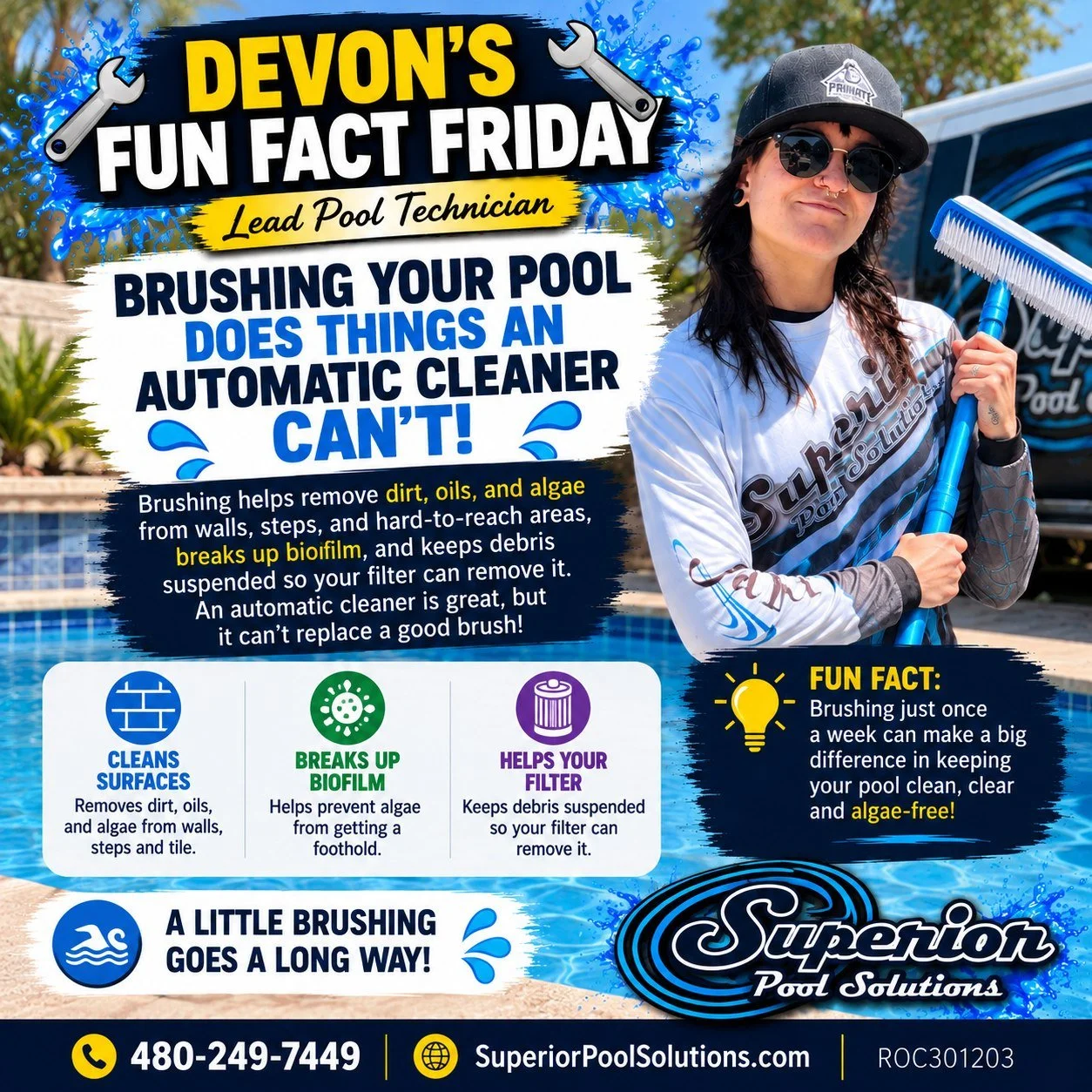 💦 FUN FACT FRIDAY! 💦

Have an automatic pool cleaner? It&rsquo;s great&mdash;but it can&rsquo;t do everything! 🧹

Regular brushing reaches the walls, steps, corners, tile, and other areas your cleaner may miss. It also helps loosen dirt, oils, alg