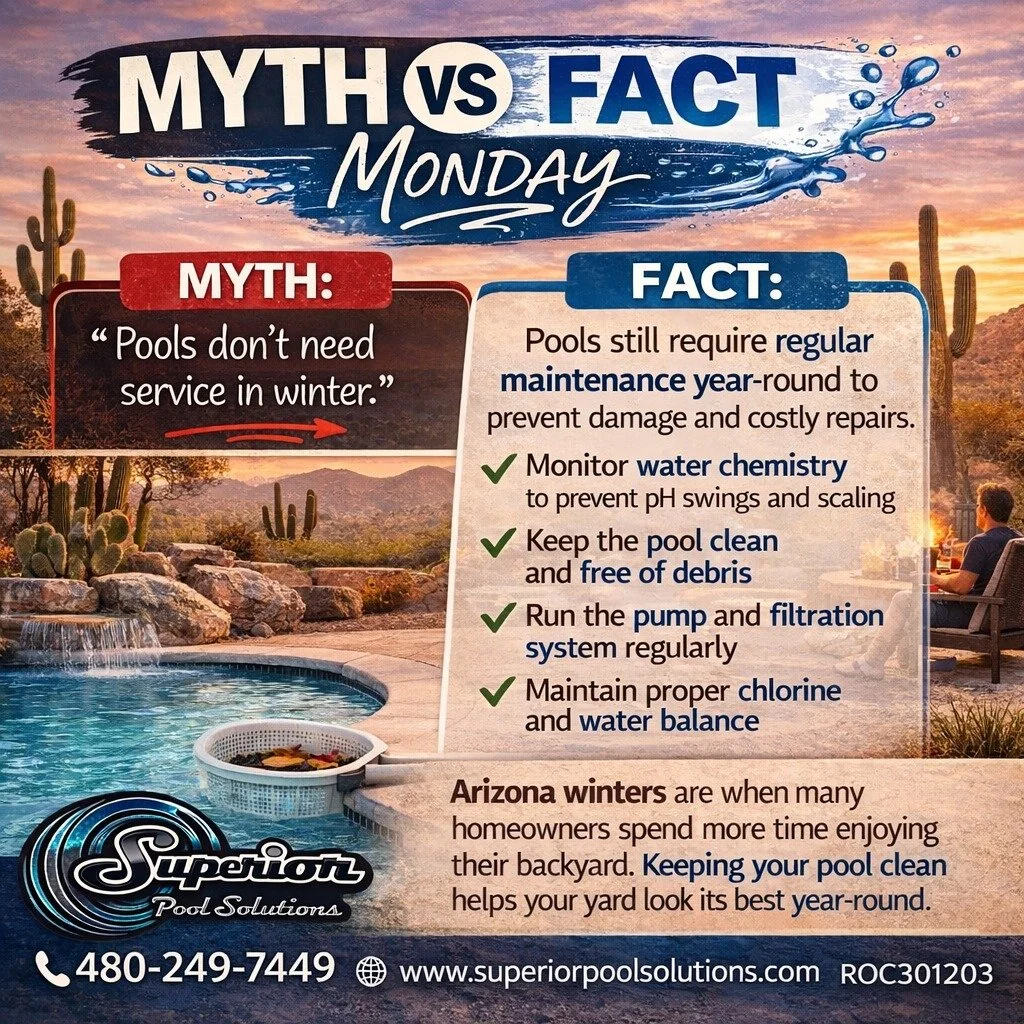 Myth vs Fact Monday ??
"Swimming season's over, so my pool can take the winter off." If only! ??

Cooler weather changes your pool's needs, but leaves still fall, water chemistry still needs attention, and equipment still needs checking. Ke