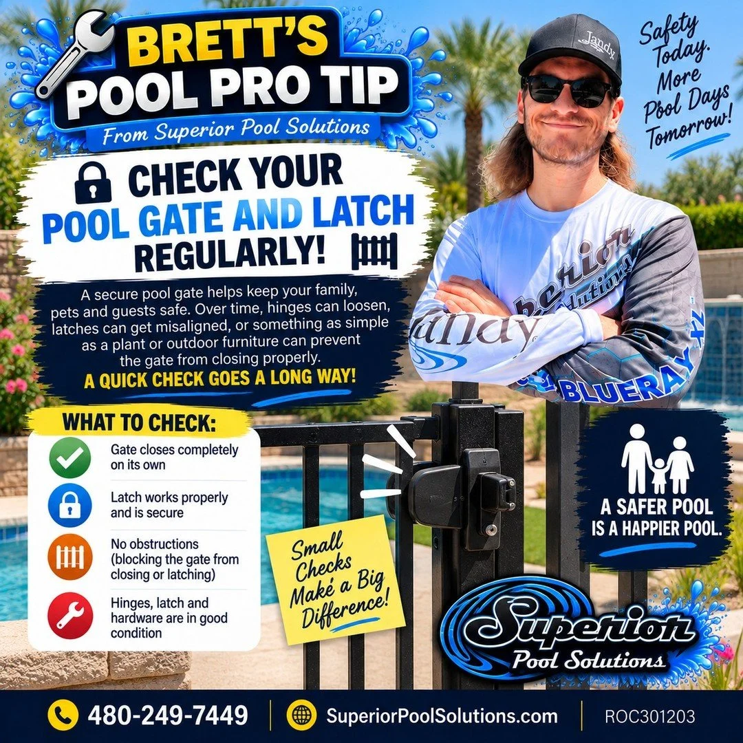 Brett's Pro Tip Tuesday ??

Check that your pool gate closes and latches on its own. Look for anything blocking it, and make sure the hinges and latch are in good condition.

Keep the gate closed-never propped open. Barriers are one layer of protecti
