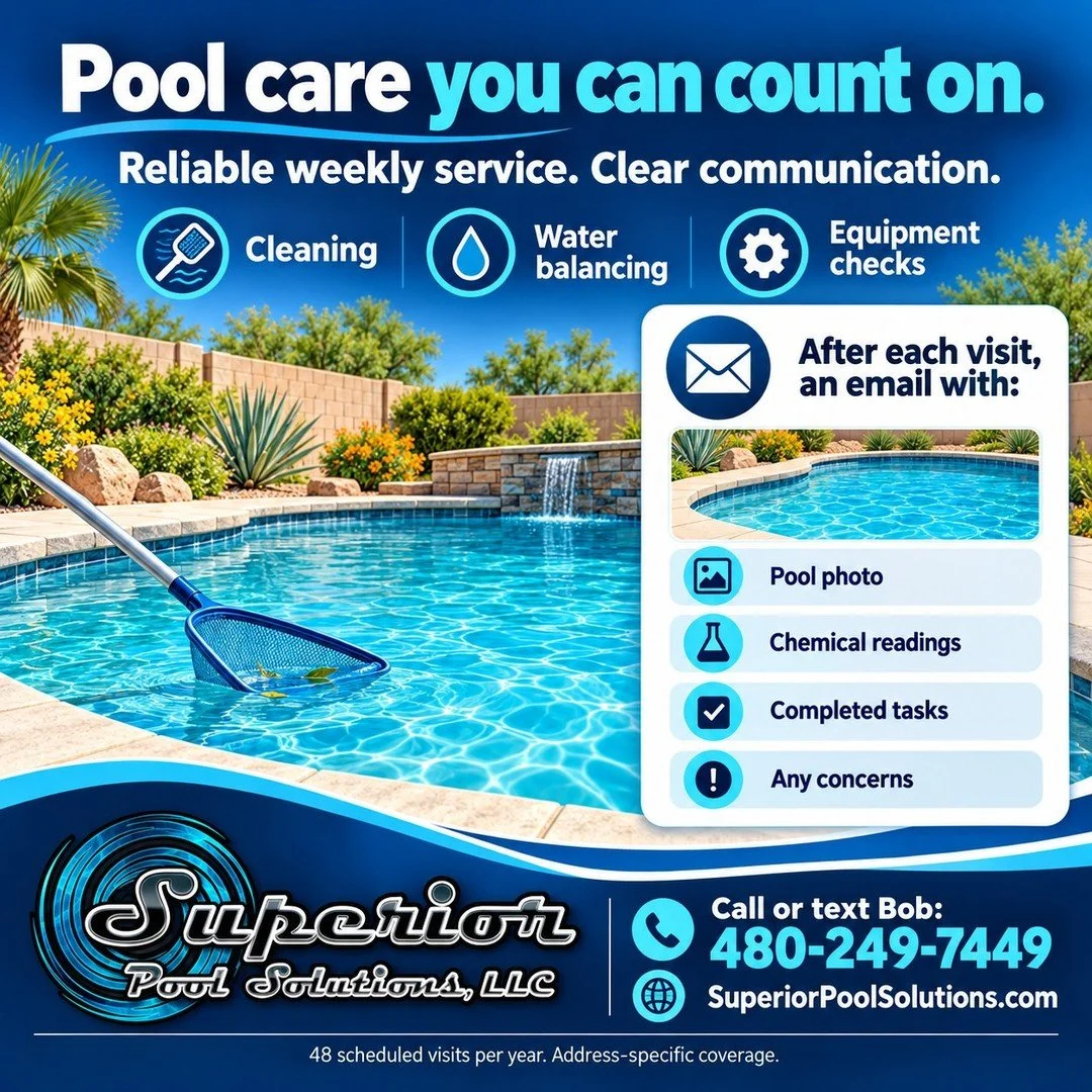 Wondering what happened at your pool service visit? With Superior Pool Solutions, each visit is followed by an email with a pool photo, chemical readings, completed tasks, and any concerns.

We handle routine cleaning, water balancing, and equipment 