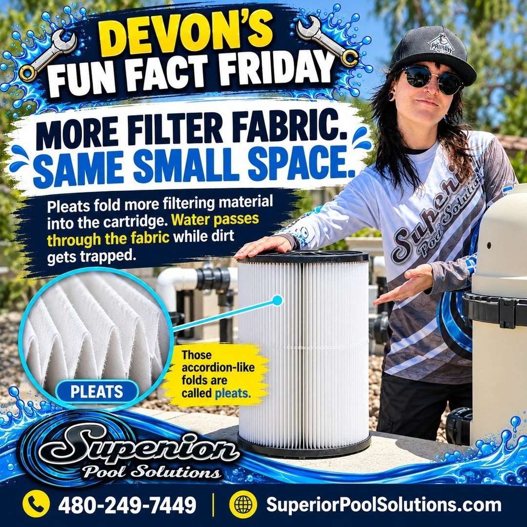 Devon's Fun Fact Friday ??

Those accordion-like folds inside a cartridge filter are called pleats. The filter fabric catches dirt as water passes through, and keeping those pleats properly separated helps water flow through the material.

A little b