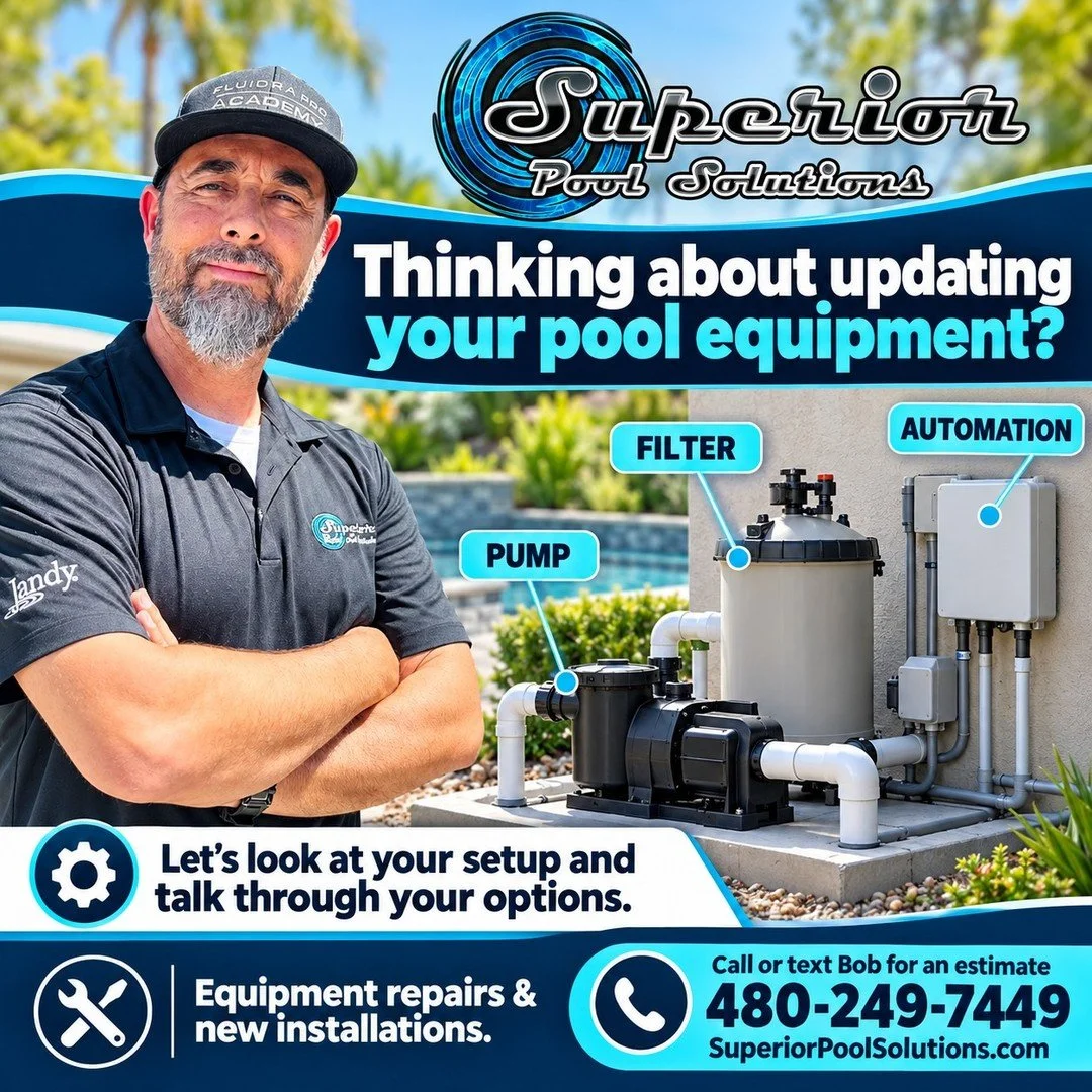 Thinking about updating your pool equipment? Let's start with the setup you have and what you want to change.

Superior Pool Solutions handles equipment repairs and new pump, filter, and automation installations. 

Call or text 480-249-7449 to discus