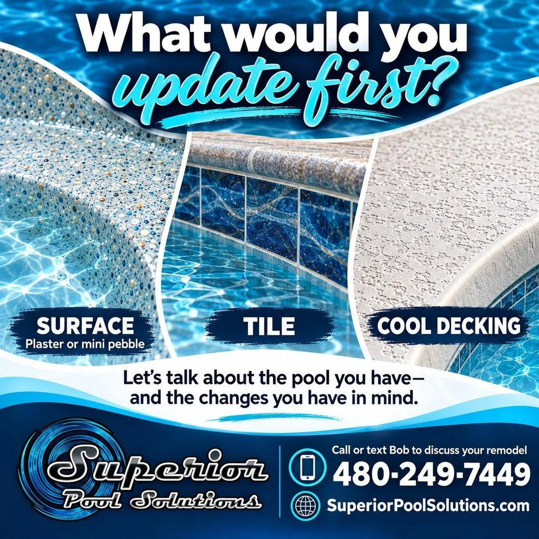 If you could update one part of your pool, what would you choose: the surface, tile, or decking?

Superior Pool Solutions offers plaster and mini pebble surfaces, new pool tile, and cool decking. Start with the change you have in mind, and Bob can di