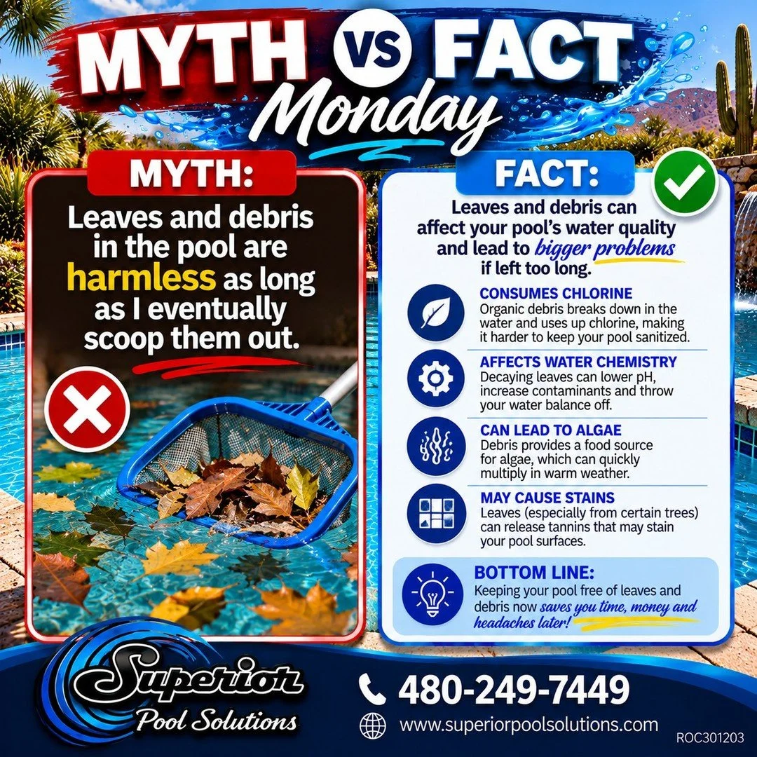 Myth vs Fact Monday:
&ldquo;A few leaves can wait until I get around to scooping them out.&rdquo;

They may look like floating clutter, but leaves and other organic debris can use up chlorine as they break down. Your pool's sanitizer already has a jo