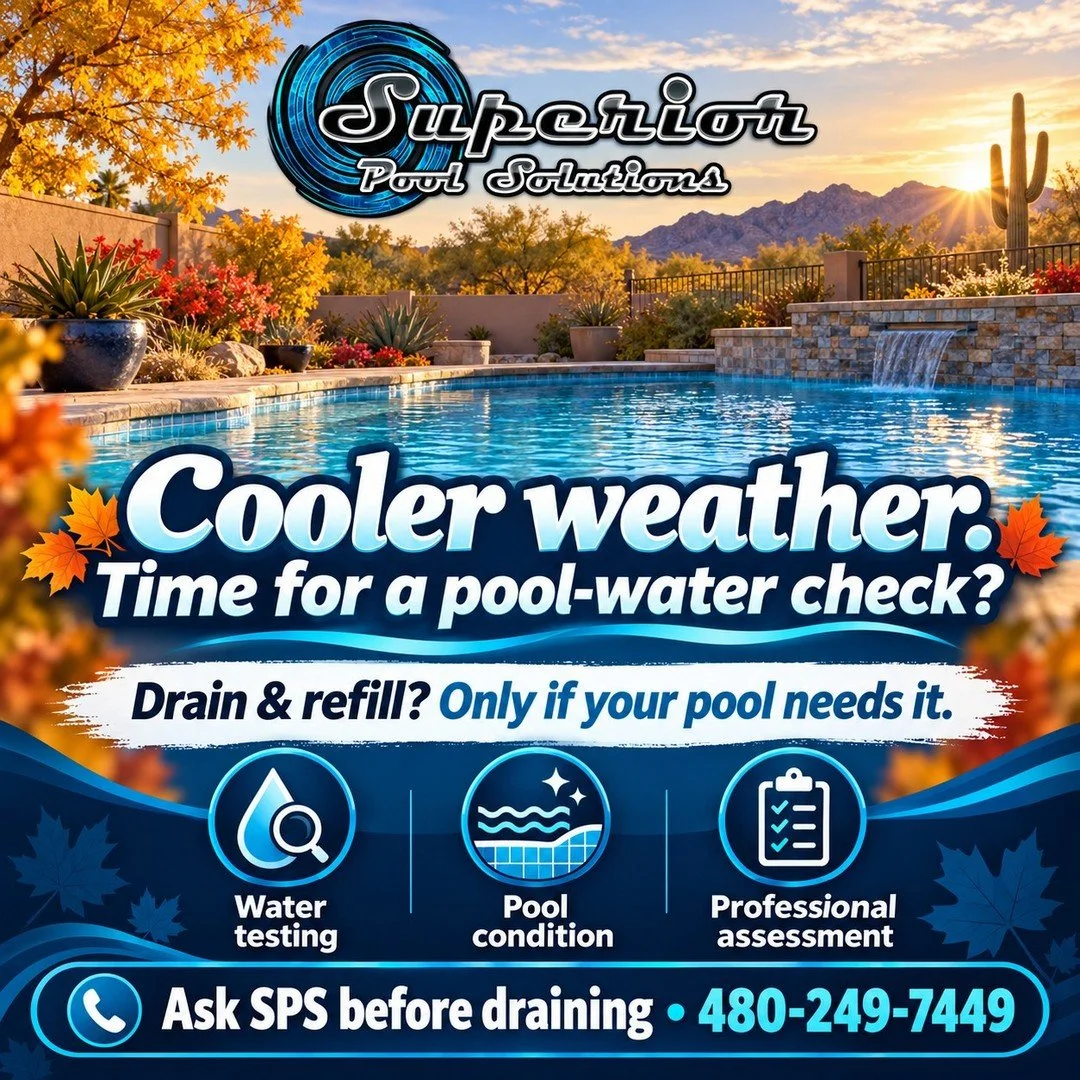 Cooler days can be a good time to ask whether your pool water needs a refresh&mdash;not a reason to empty the pool.

If testing shows excess chlorine stabilizer (CYA), replacing some water may be appropriate. But whether any drain-and-refill is neede