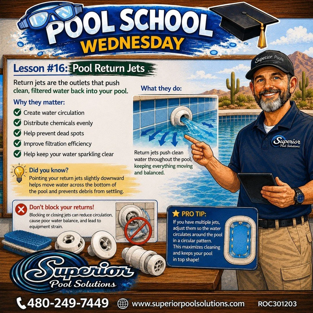 Pool School Wednesday &mdash; Lesson 16: Return Jets

Those little outlets in the pool wall aren't just there to make ripples. They return filtered water to the pool, and their direction helps determine where that water moves.

Return flow can even p