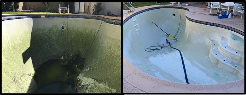 Two photos of an empty swimming pool, one dirty and algae-covered and the other cleaned and clear, showing the pool's steps and seating area.