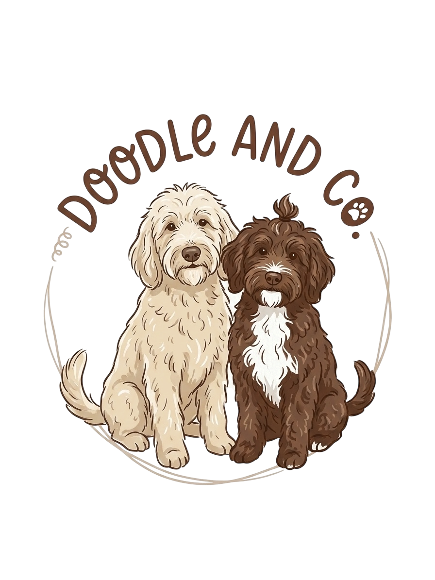 Illustration of two fluffy dogs, one white and one brown, sitting side by side with the words 'Dogude Land C' around them.