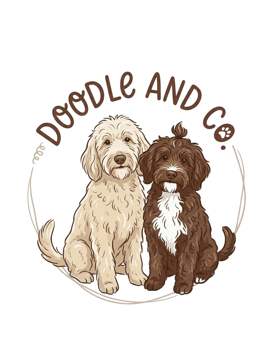 Illustration of two cute dogs, one cream-colored and the other brown with white patch, sitting side by side, surrounded by the text 'Dogoodle and C'.