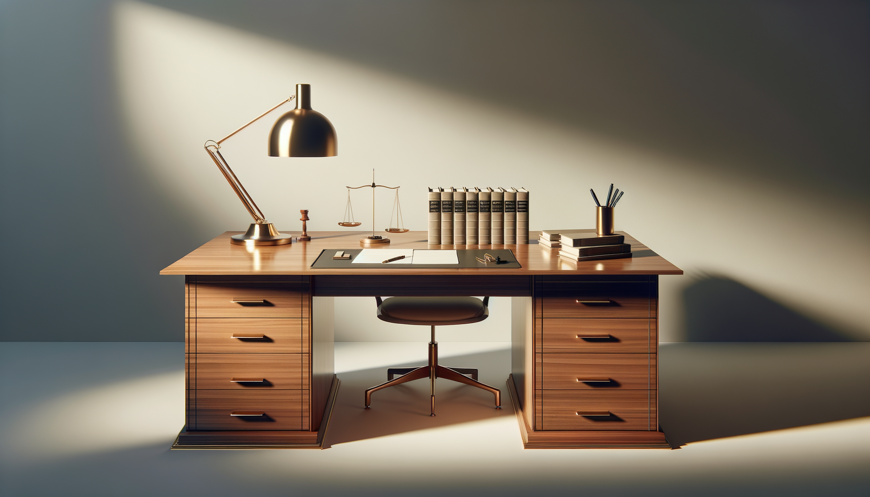 A wooden desk with a modern gold desk lamp, a small scale, a row of legal books, a stack of notebooks, a pen holder with pens, a paper pad, and a pair of glasses, set against a plain wall with a patch of sunlight.