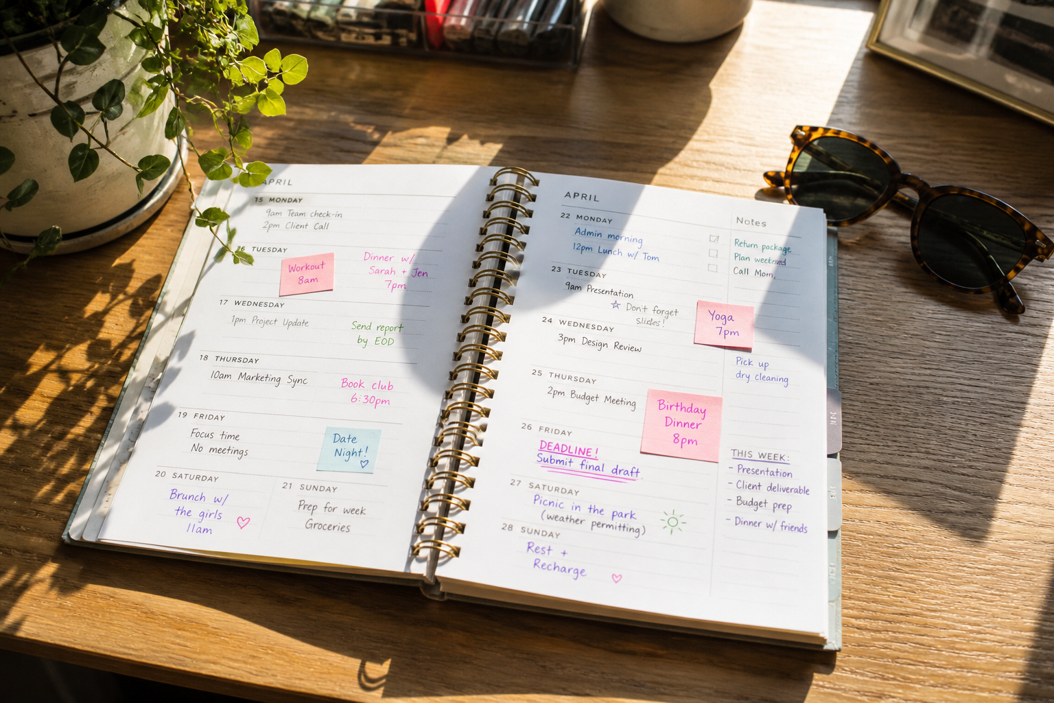 A busy planner on a sunlit desk showing the pressure of spring schedules. Virtual anxiety therapy in IL.