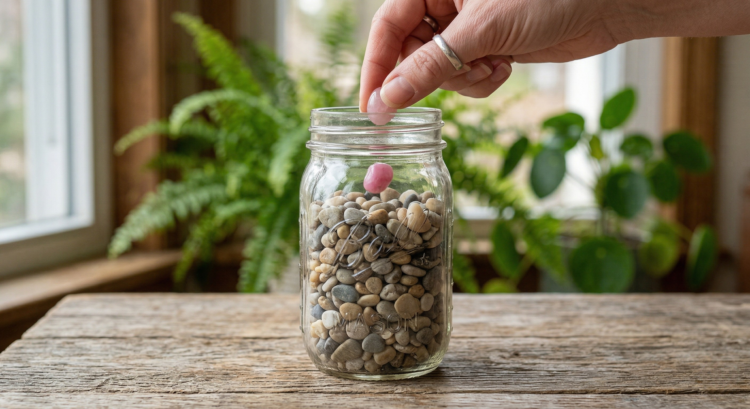 Dropping a rose quartz pebble into a glass jar, symbolizing tiny therapy wins in NC.