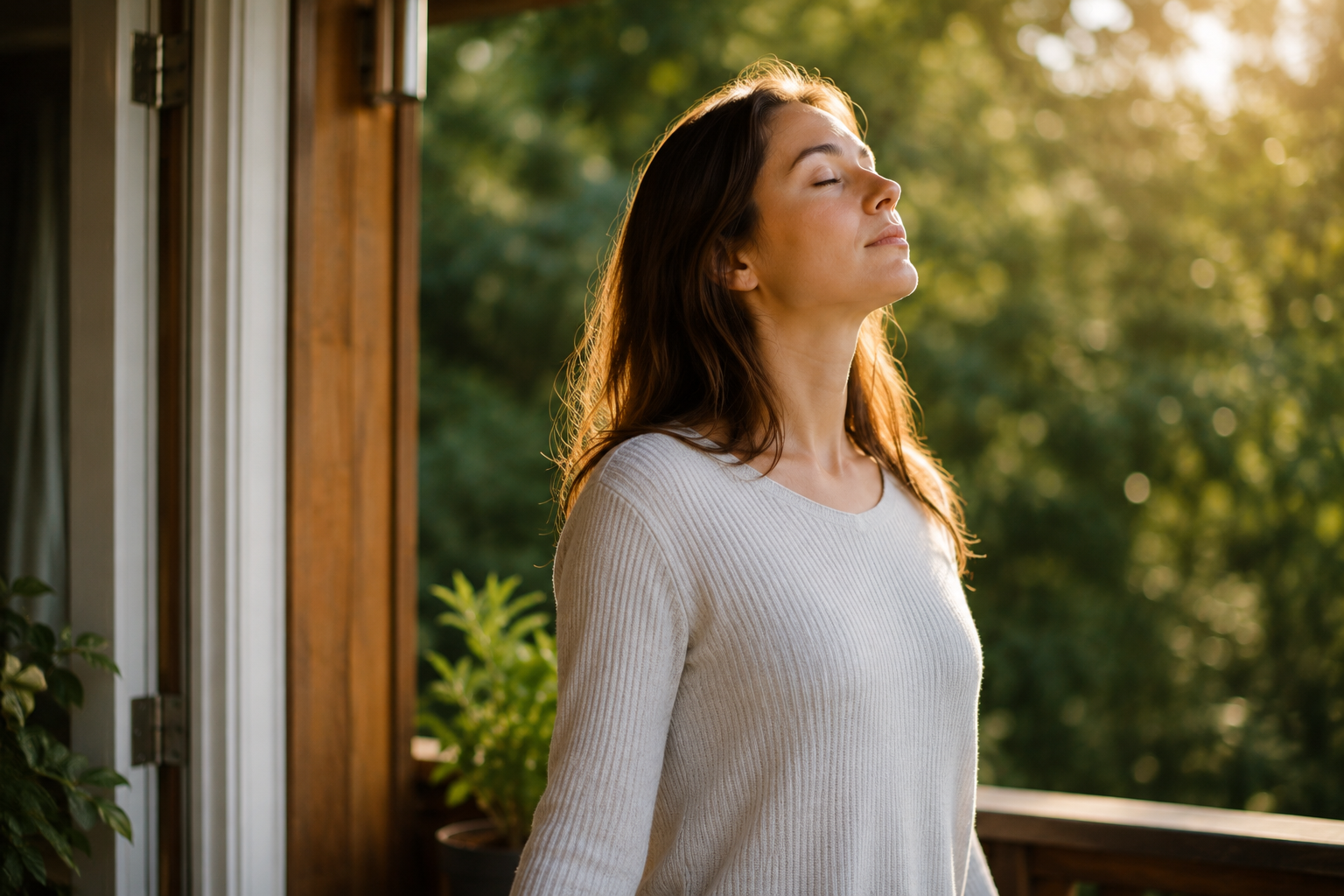 A person taking a deep breath on a balcony, practicing micro-rest and nervous system regulation to manage high-functioning anxiety and emotional burnout.