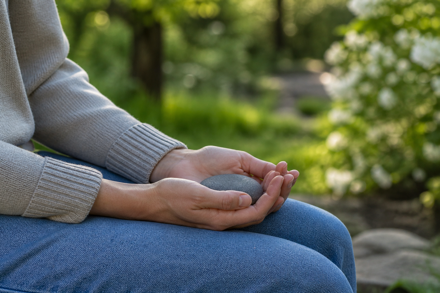Hands holding a grounding stone outdoors. Nervous system regulation for spring anxiety in Holly Springs, NC.