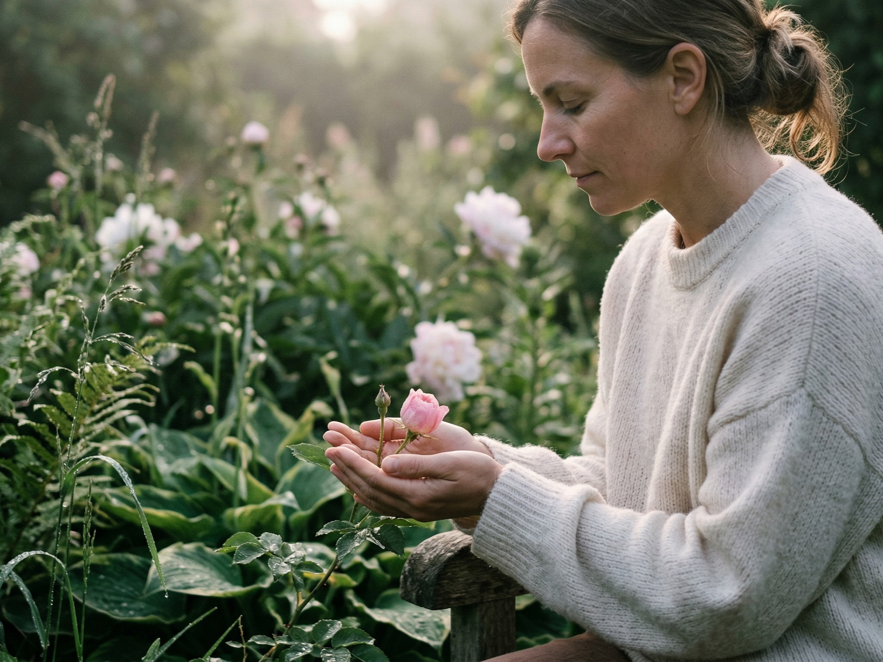 A peaceful woman cupping an opening wildflower bud at dawn, representing patient growth in Illinois and North Carolina therapy.