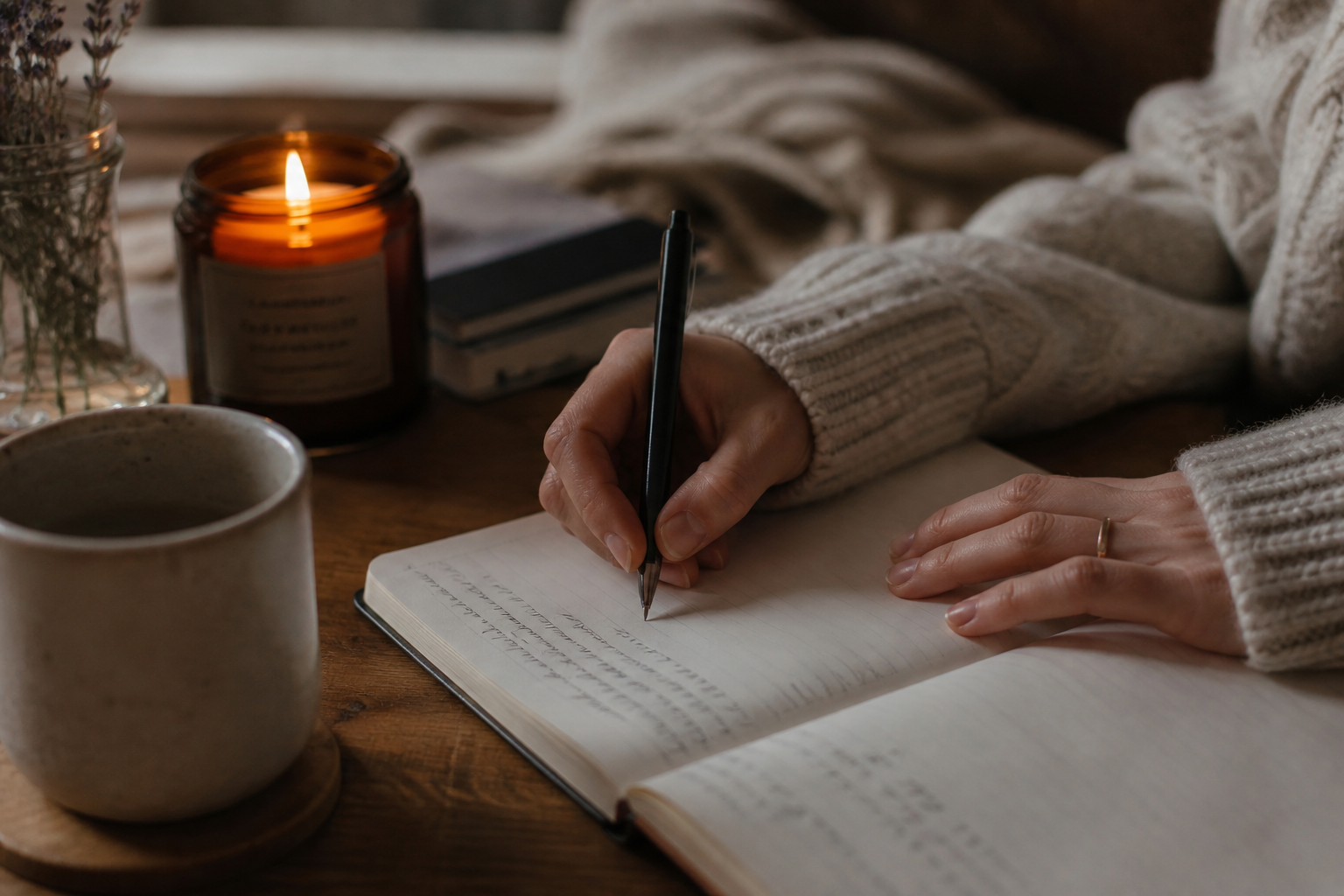 Hands writing in a journal near a lit candle. Post-intensive emotional integration and virtual therapy in IL