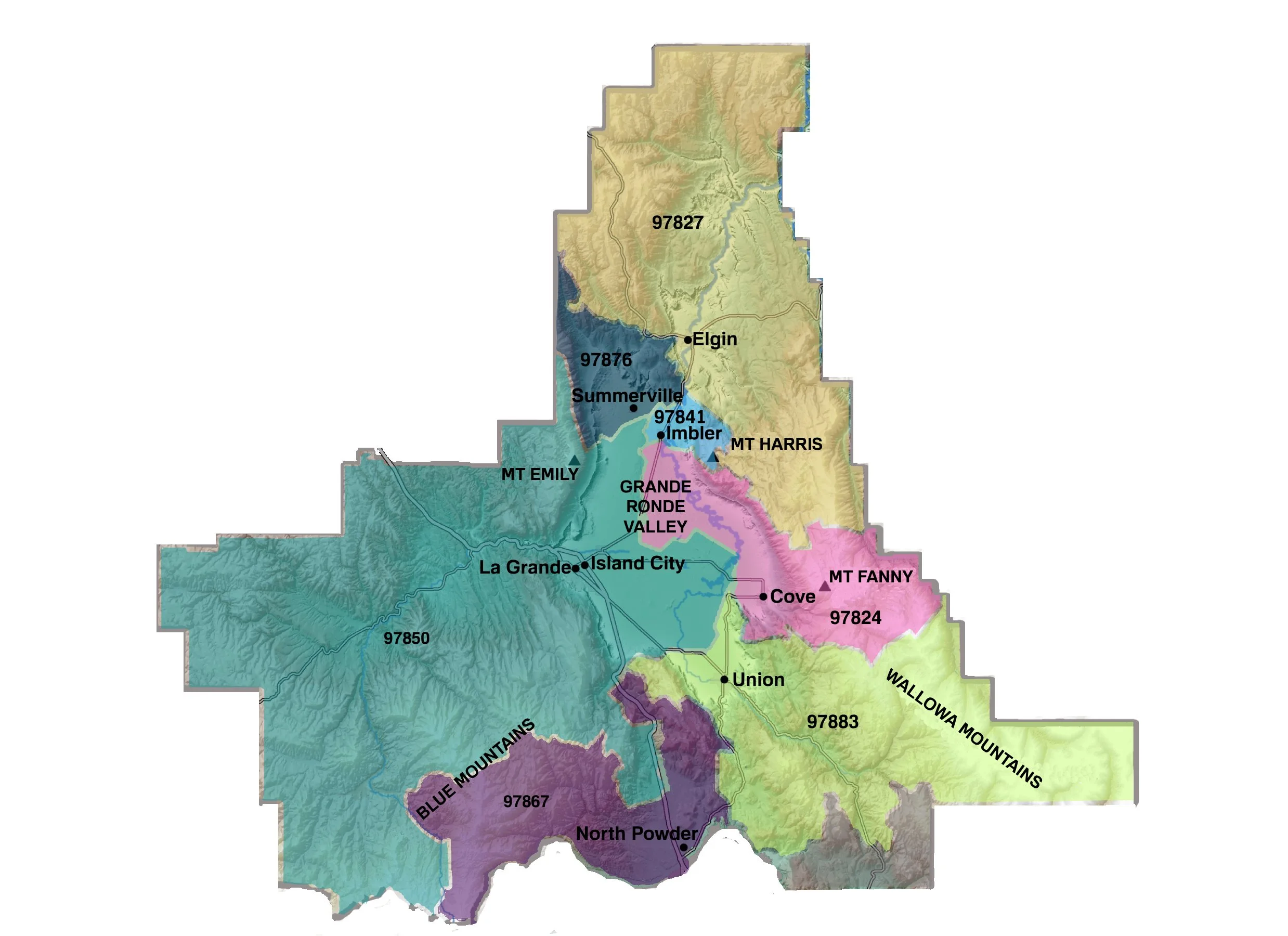 Image: topographical map of Union County, Oregon with zip codes and towns identified