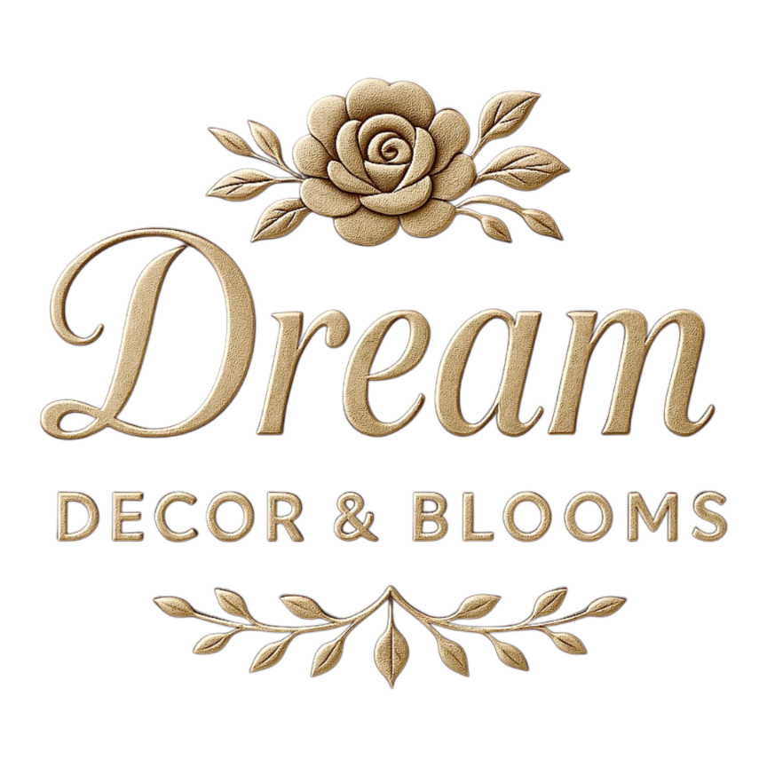 Gold floral logo with a rose at the top, the word "Dream" in large cursive font, and the words "Decor & Blooms" in smaller uppercase letters with a decorative leaf and branch design at the bottom.
