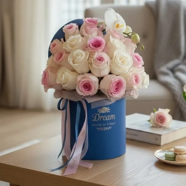 A bouquet of white and pink roses in a blue hat box on a wooden table, with a white orchid and a book nearby.