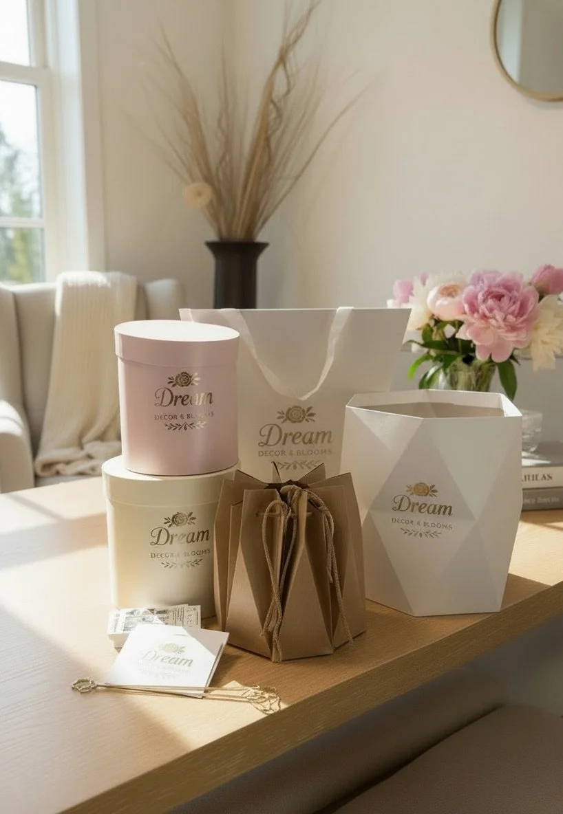 Decorative gift boxes, bags, and wrapping accessories with the word "Dream" on them, placed on a wooden table near a window and a vase of pink and white flowers.