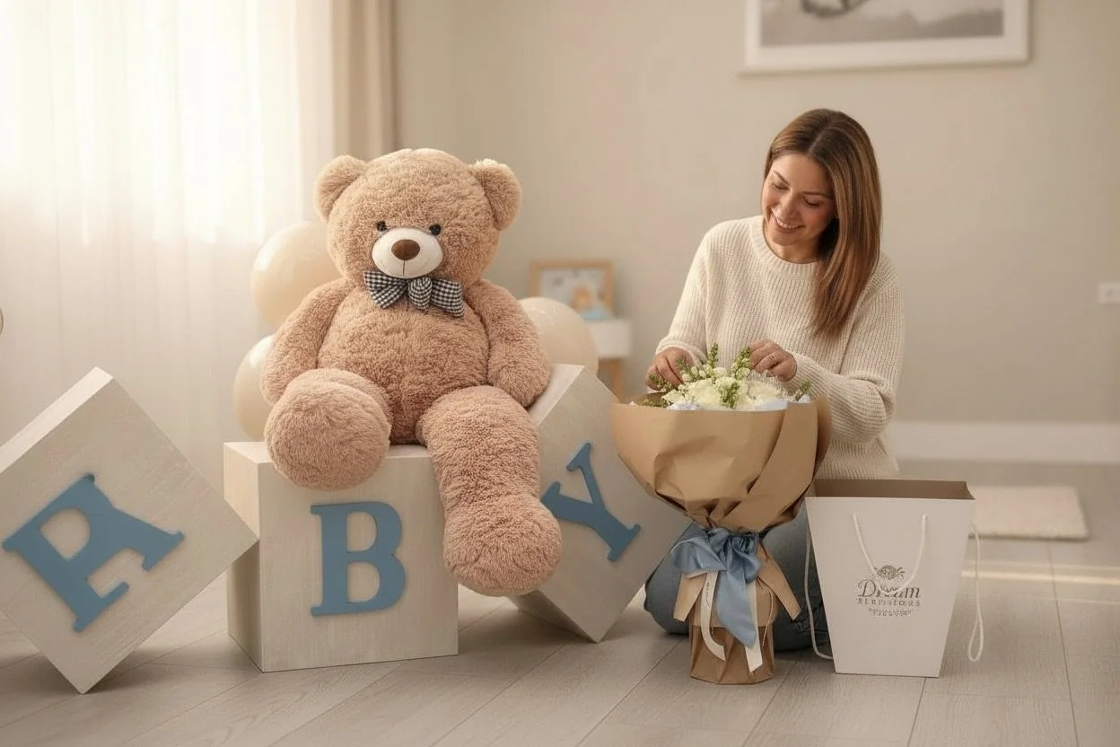 A woman kneeling on the floor, smiling while arranging white flowers in a bouquet, next to a large teddy bear with a checkered bowtie, and decorative boxes spelling 'BABY' with blue letters.