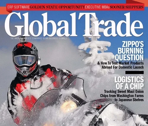 Magazine cover of Global Trade featuring a person riding a snowmobile in snowy terrain, wearing a helmet and winter gear. Headlines mention market testing, logistics, and business opportunities.