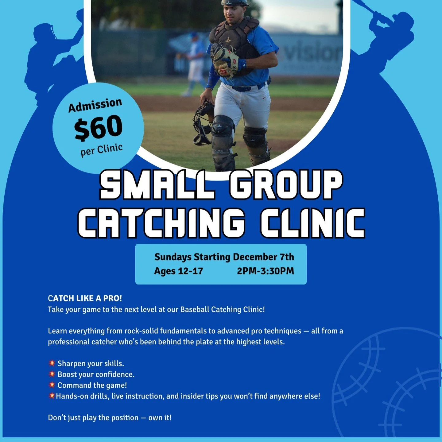 Starting December 7th, our Weekly Catching Clinic kicks off with former professional catcher Jackson Kea!
Sharpen your skills, fine-tune your fundamentals, and get game-ready for spring season and tryouts. Don&rsquo;t miss this opportunity to train w