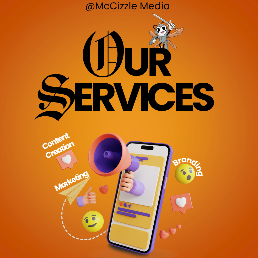 Graphic with orange background, titled "Our Services" featuring a cartoon bee with a sword. Accompanied by icons and text highlighting services like content creation, marketing, branding, and social media management, with illustrations including a smartphone, megaphone, thumbs-up, smiling face, and heart emojis.
