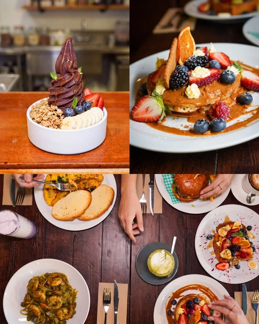 Collage of four images: top left features a bowl of chocolate soft serve ice cream garnished with granola, banana slices, strawberries, blueberries, and mint leaves; top right shows a plate of fluffy pancakes topped with strawberries, blackberries, blueberries, whipped cream, orange slices, cookie, and caramel sauce; bottom left depicts a table with a plate of shrimp and vegetables, slices of bread, a fork, and a hand holding a fork, alongside a glass of purple drink; bottom right displays a table with various dishes including a burger, a parfait with berries, a plate of fruit and whipped cream, a green beverage, and a bowl of pasta.