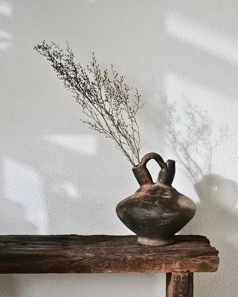 A rustic ceramic vase with a narrow neck and handle, holding dry twigs, placed on a wooden shelf against a white wall. Shadows of the twigs are cast on the wall at The Trove Homewares