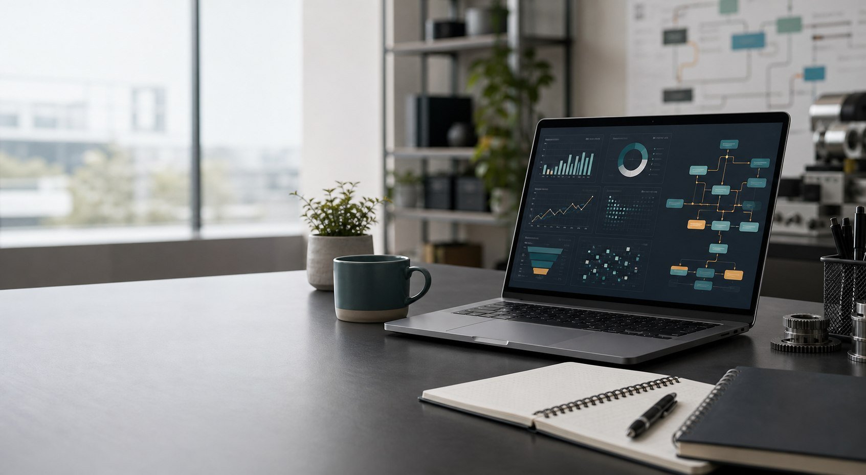 Abstract workflow dashboard showing connected systems, reporting, and business process visibility.